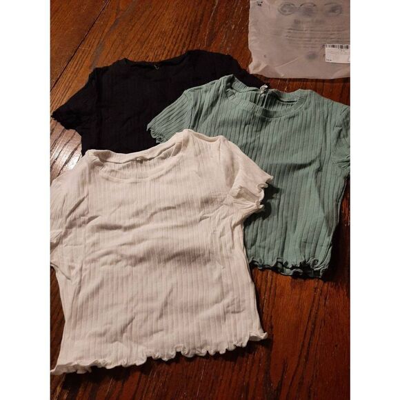 New Girls 10 Years Romwe 3pc Rib Knit Short Sleeve Lettuce Trim Crop Top Shirts - Picture 7 of 8